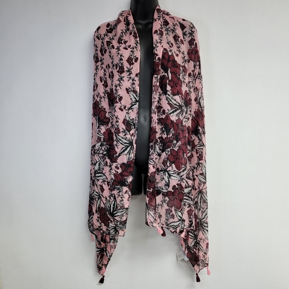 Libby Edelman Womens Pink Floral Boho Fairy Feminine Scarf Tassels Lightweight
